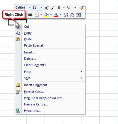 Right Click in Excel