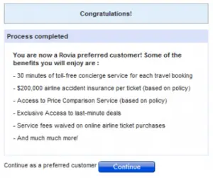 Rovia preferred member signup process completed