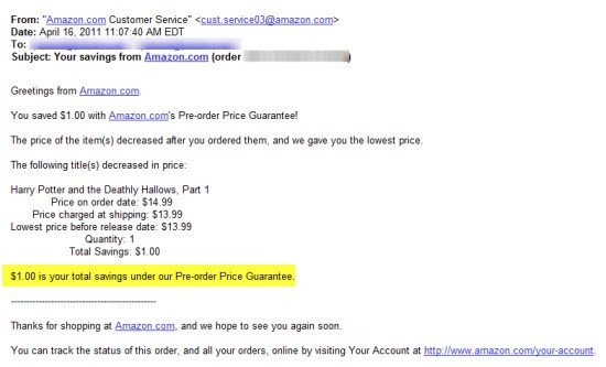 Amazon pre-order price guarantee email