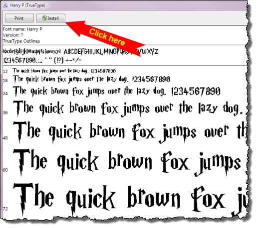 Harry Potter font preview window