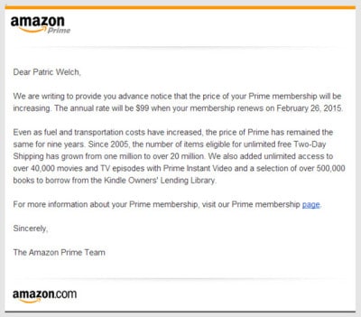 Amazon Prime price increase email