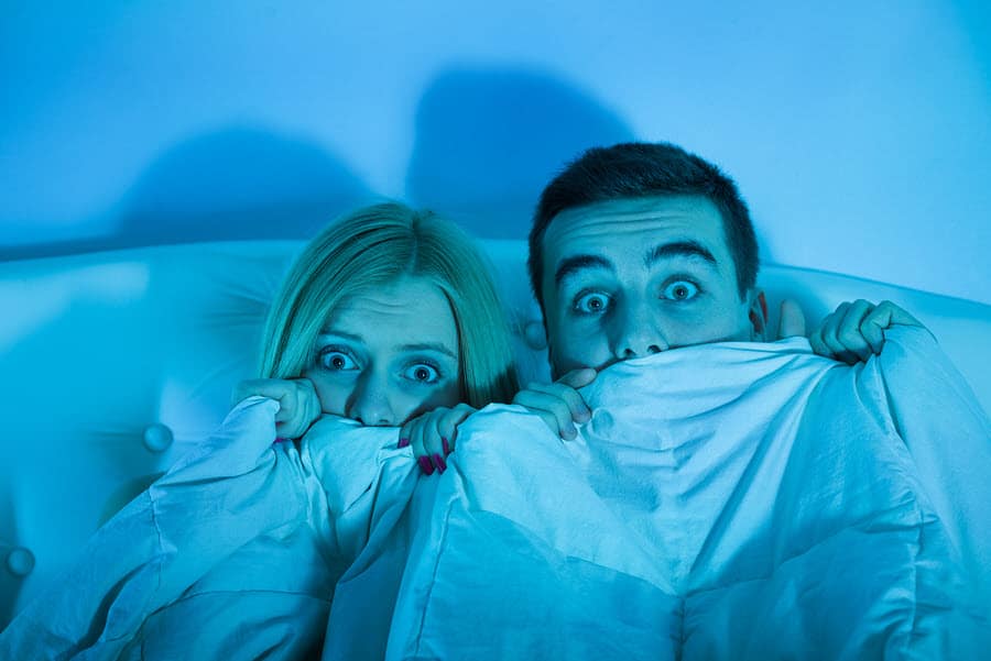 Frightened couple watching horror movie