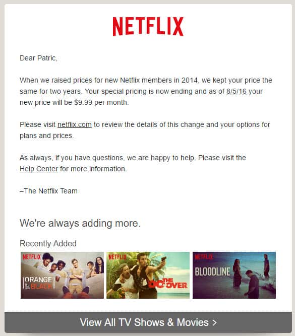 Netflix price increase notification