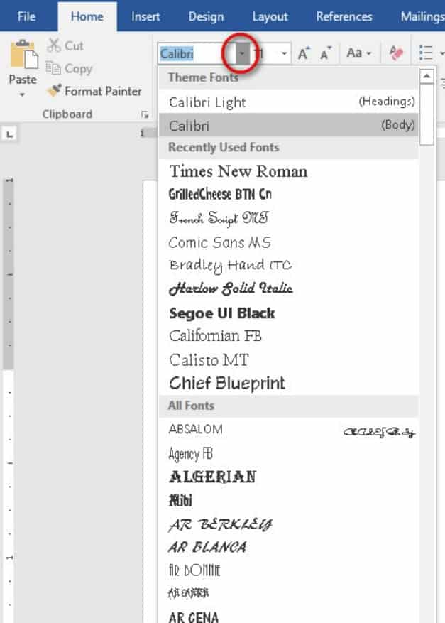 beginning a word document changing fonts