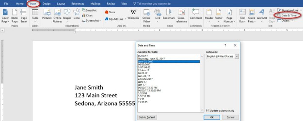 word document to PDF | date and time menu