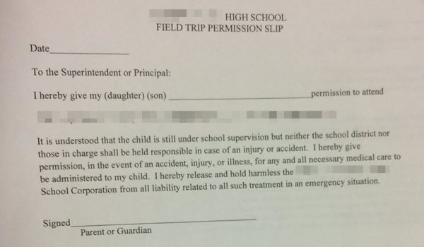 High school field trip permission slip