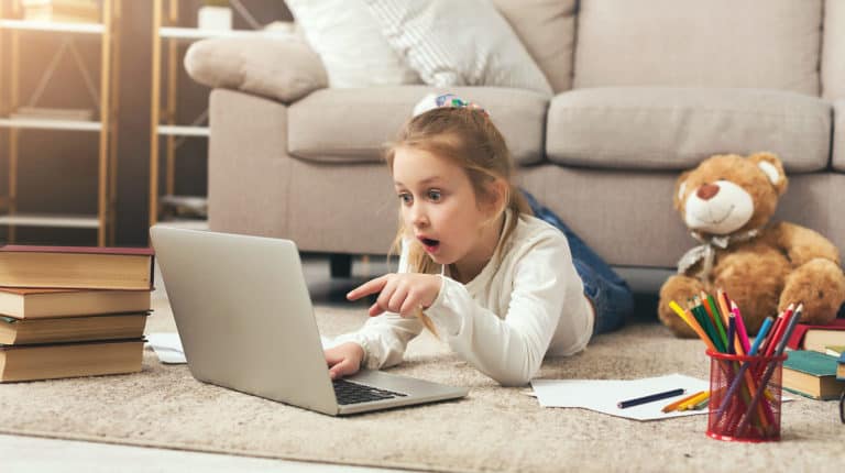 Featured | Shocked little casual girl watching movie | Netflix Viewing History | How To Monitor Viewing Activity Right Now