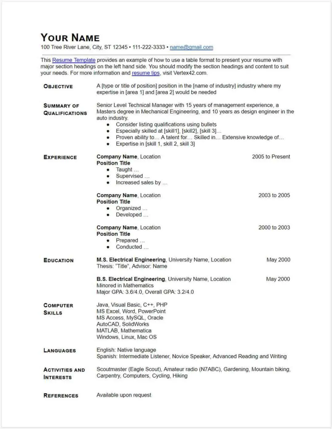 resume templates free download google docs