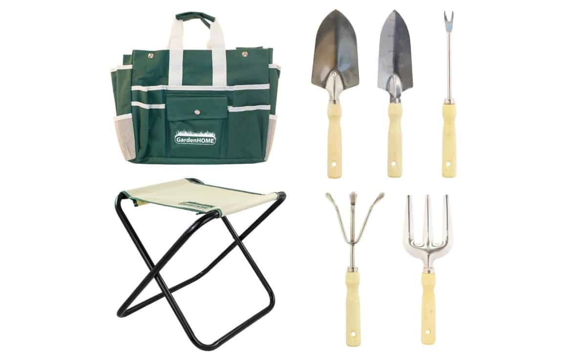 GardenHOME Folding Stool with Tool Bag and 5 Tools | Best Garden Tools And Gadgets Every Gardener Must Have