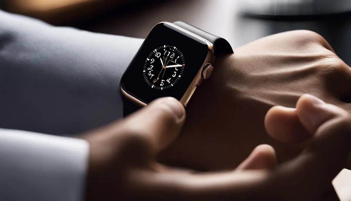 Image of a person wearing an Apple Watch, showing the seamless connection between the watch and iPhone.