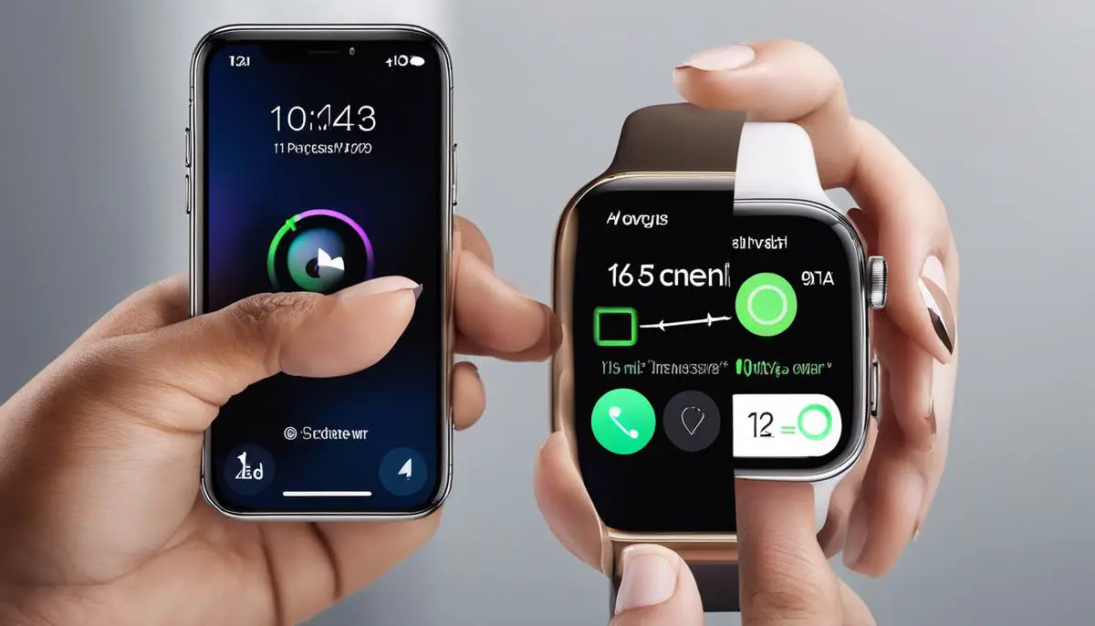Image depicting a person wearing an Apple Watch and an iPhone with arrows pointing towards each other, symbolizing sync troubleshooting.