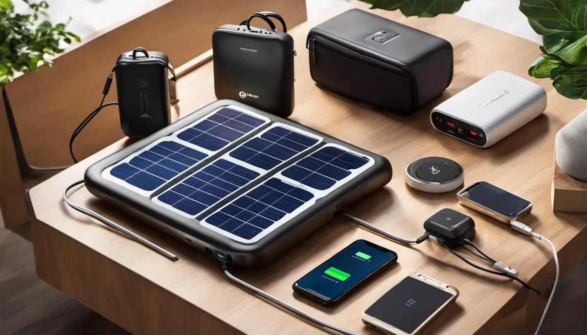 An image depicting various types of power solutions. Solar panels, wireless charging pad, battery-saving symbol, kinetic energy charger, hybrid power bank, and a high-capacity battery.