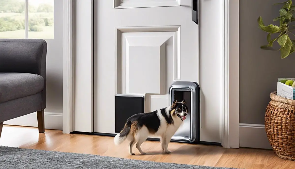 A smart pet door that automatically opens for pets equipped with microchips or ultrasonic signals.