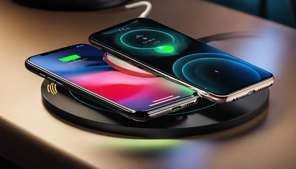 Image of wireless charging technology showing a smartphone wirelessly charging on a charging pad